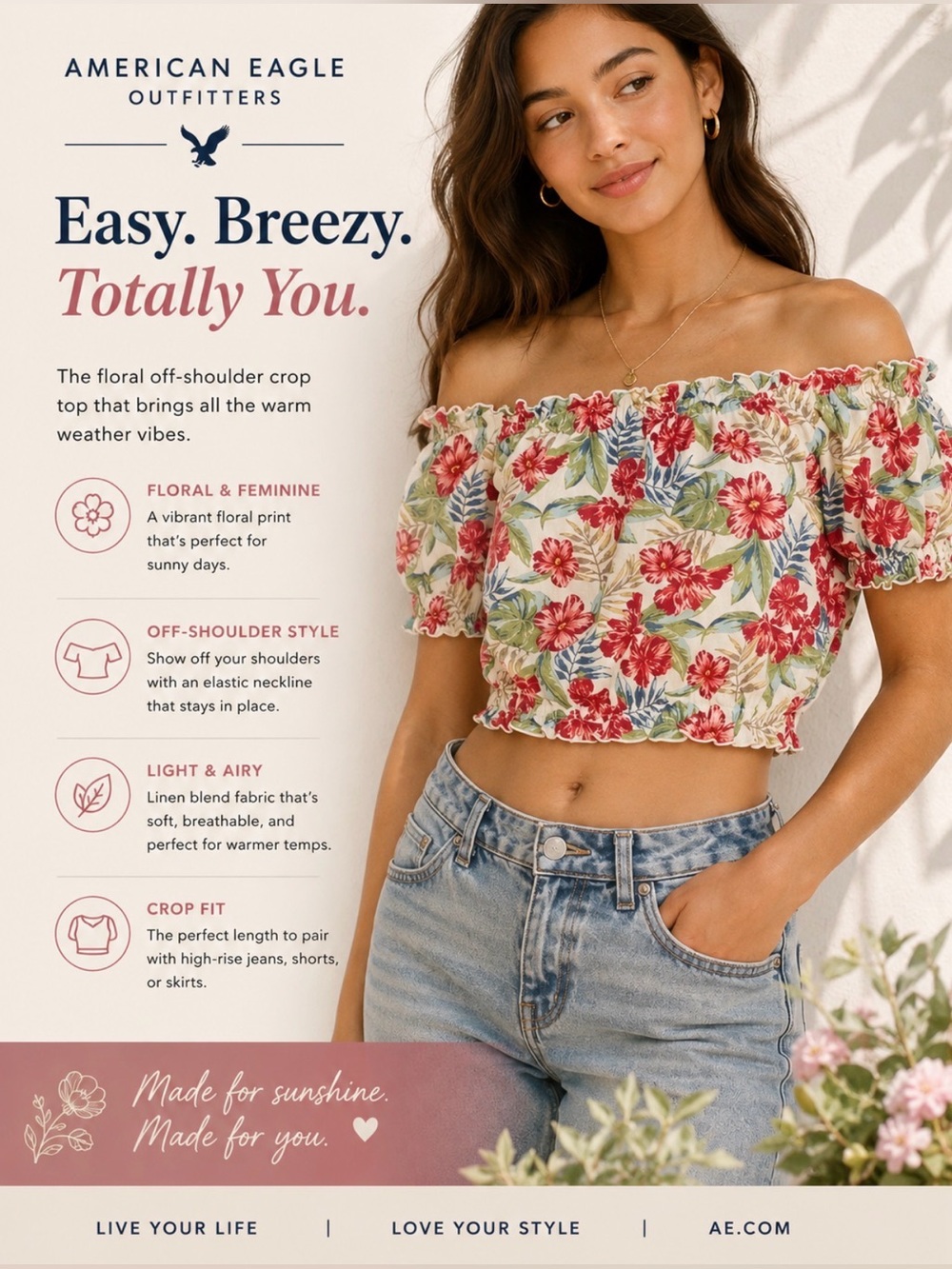 American Eagle Floral Off-Shoulder linen Crop Top